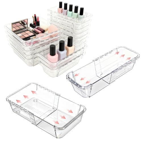 15 Pcs Extendable Drawer Organizer Tray, Adjustable Drawer Storage Bin | 2-size Clear Acrylic Bathroom & Vanity Drawer Organizers for Makeup Cosmetic Kitchen Utensils, Dresser Desk Drawer Storage