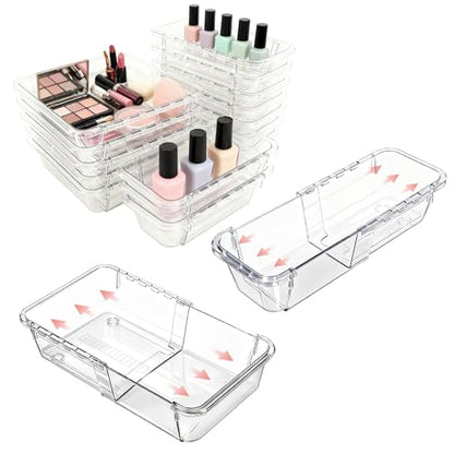 15 Pcs Extendable Drawer Organizer Tray, Adjustable Drawer Storage Bin | 2-size Clear Acrylic Bathroom & Vanity Drawer Organizers for Makeup Cosmetic Kitchen Utensils, Dresser Desk Drawer Storage