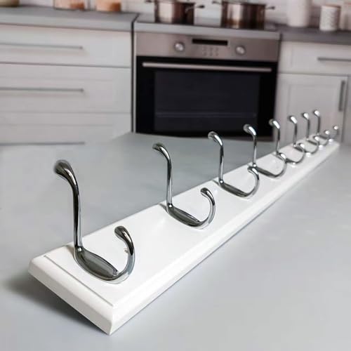Wooden Wall Mounted Coat Rack 35 inch (90cm) with 8 Silver Hooks, Lang Wood White Coat Hook for Entrance, Hallway, Bedroom, Wall Clothes Hanger - size: Long-35.4in(90cm),8 Silver Hooks, style: Modern