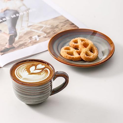 Hasense Espresso Cups with Saucers, 4 oz Small Ceramic Espresso Coffee Mugs Set of 4, Cute Cappuccino Cup Set, Demitasse Cups Perfect for Espresso Shots, Cappuccino, Tea-Grey Brown - color: Grey Brown, size: 4oz - Set of 4
