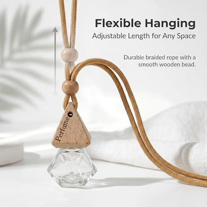 2-Pack Rhombus Refillable Hanging Car Diffuser Empty Glass Bottle | Wood cap hanging aroma pendant with dropper, holds essential oils for car home closet office - size: Rhombus - 2PCS