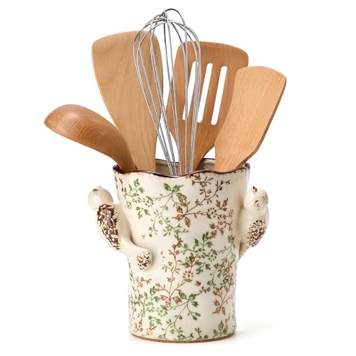 6.34'H Utensil Holder for Kitchen Counter, Modern Farmhouse Cooking Utensil Holder and Crock Home Kitchen Decor, Ceramic Utensil Organizer for Spatula, Ladle, Eggbeater, Rolling Pin- Green and Beige - color: Green and Beige- 2 Birds