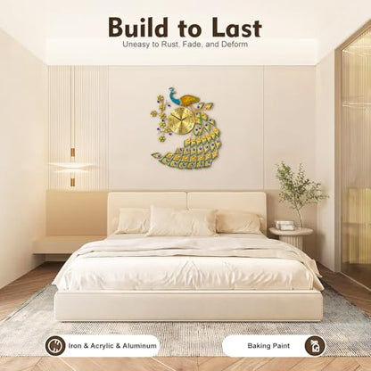 Large Peacock Wall Clock, 29.5" Luxury 3D Wall Clock Non-Ticking Silent Gold Metal Decorative Wall Clock Art Digital Wall Decor for Living Room Bedroom Office - size: 25.59*29.53in