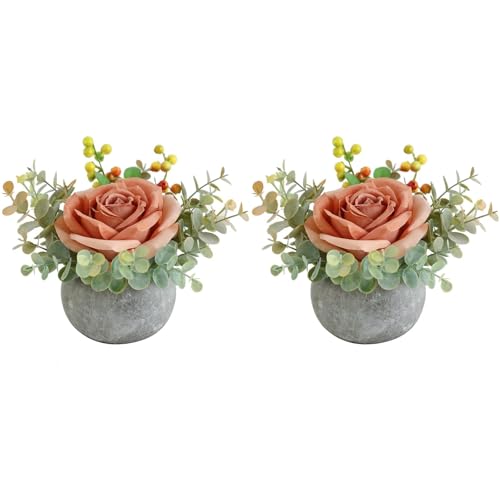 Small Artificial 2pcs Orange Rose Potted Plant, 6" Fake Silk Flowers in 3.5" Round Pot, Mini Faux Floral Arrangement for Desk Shelf Bathroom Decor - color: 2pcs Orange