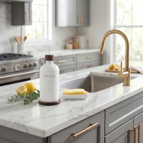 Dish Soap Dispenser, White | Refillable glass pump dispenser for dish soap or hand soap, with matching tray for kitchen sinks and countertops - color: White D*1