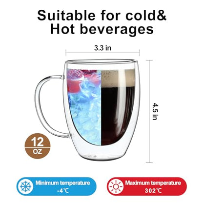 Aurzen 4 Pack Double Walled Glass Coffee Mugs with Handles, Large Insulated Layer Coffee Cups, Clear Borosilicate Mugs, Perfect for Cappuccino, Tea, Microwave Safe - color: 12oz4Pack