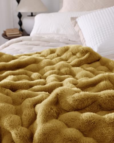 Ultra Soft Cozy Faux Fur Throw Blanket, Fuzzy Plush Thick Bubble Blanket, Oversize Luxury Fluffy Blanket for Couch, Bed, and Living Room, 60x80 Inches, Dark Yellow - color: Bubble Dark Yellow, size: Twin