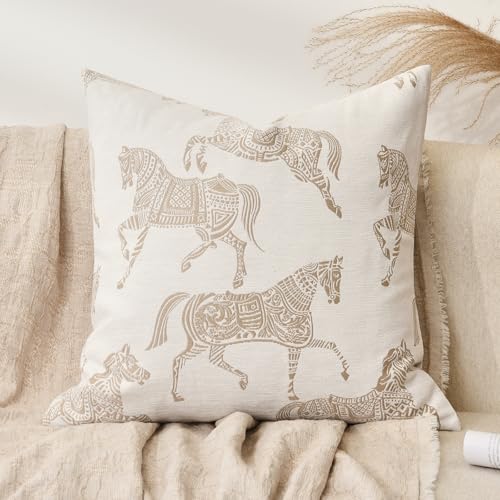 Equestrian Style Throw Pillow Cushion Cover 22x22 inch, Double Sided Beige Horse Pattern Chenille Jacquard Embroidered Pillow Covers for Sofa Couch Bed Living Room Bedroom - color: Horse, size: 22" x 22" (Pack of 1)
