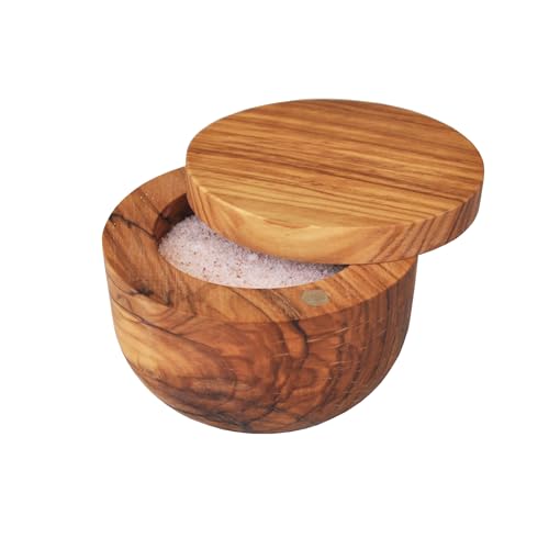 Olive Wood Salt Keeper/Pot/Salt Box with Magnetic Pivoting Lid