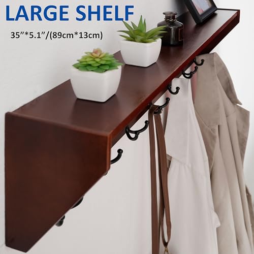 WEBI Coat Rack Wall Mount with Shelf,35" Long Wall Shelf with Hooks Underneath,7 Triple Hooks for Entryway,Hallway,Bedroom,Cherry - color: Cherry, size: 35 Inch