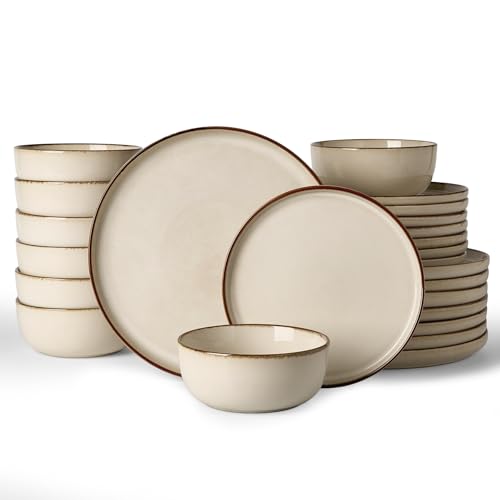 Famiware Milkyway 24-Piece Stoneware Dinnerware Set, Light khaki | Plates and Bowls for 8, Handmade Reactive Glaze Dish Set, Microwave & Dishwasher Safe, Chip & Scratch Resistant - color: Light khaki, size: Service for 8 (Standard Dinner Set)