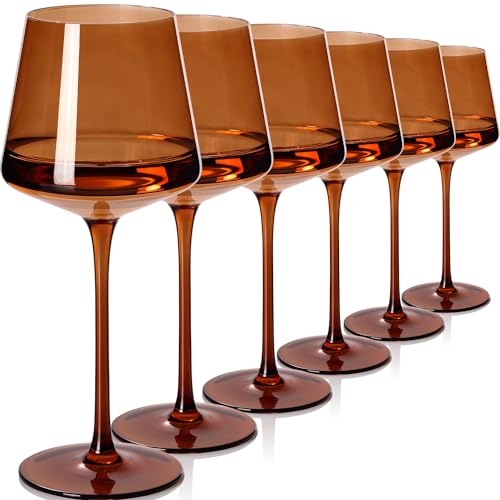 Brown Wine Glasses Set of 6,18oz Dark Amber Wine Glassware Gift Set for Party Brown Hand Blown Glass Drinkware for Red White Wine gifts set for wine lovers - color: Dark Amber