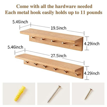 Oak Wood Coat Rack Wall Mount With Shelf 27.5 Inch Long, Entryway Floating Shelf With 6 Hooks for Bathroom, Hallway, Living Room - size: 27.5 Inch