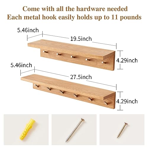 Oak Wood Coat Rack Wall Mount With Shelf 20 Inch Long, 5 Hooks, Floating Entryway Wall Shelf for Bathroom, Hallway, Living Room - size: 20 Inch