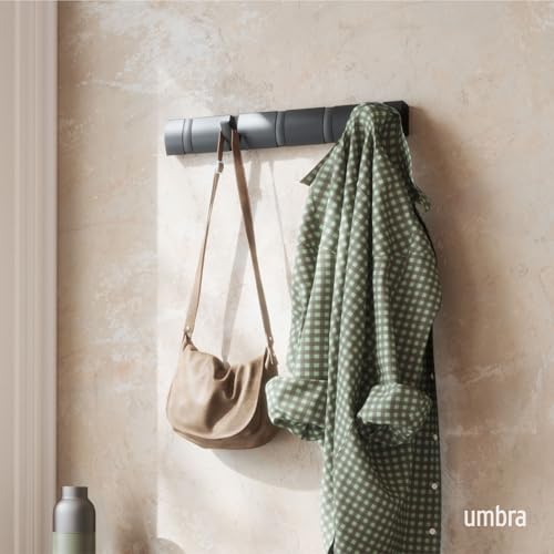 Umbra Flip Coat Rack, Wall Mounted 5-Hook Space Saving, Black/Black | Real wood and steel build, retractable hooks fold flat, holds coats bags and scarves, easy install - color: Black/Black, size: 5-Hook
