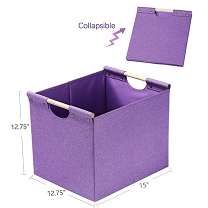 HOONEX Large Foldable Storage Bins, Linen Fabric, Pack of 2, Storage Baskets with Wooden Carry Handles and Sturdy Heavy Cardboard, for Home, Office, Car, Nursery, Purple - color: Purple