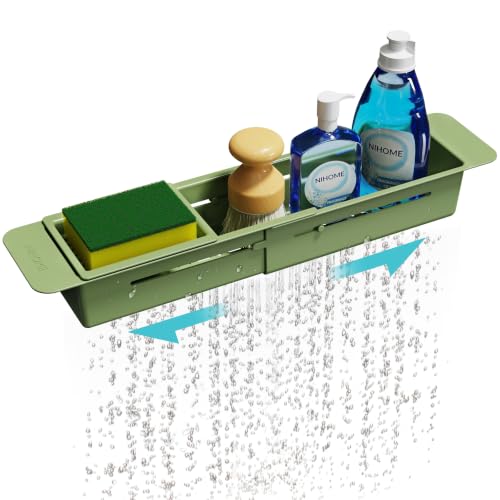 NiHome Extendable Sink Caddy, Small Telescopic Kitchen Brush Holder | Adjustable Sink Organizer for Brush/Sponge with Fast Drainage, Durable ABS, Non-Slip Pads, Expandable Brushes Holder (Green) - color: Green, size: Standard