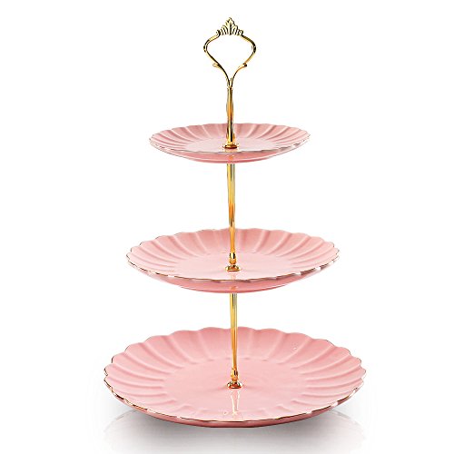 Sweejar 3 Tier Ceramic Cake Stand Wedding, Dessert Cupcake Stand for Tea Party Serving Platter (Pink) - color: Pink