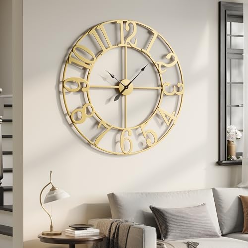 Cuspin 40 Inch Extra Large Gold Wall Clock, Decorative Metal Wall Clocks | Battery operated, silent non ticking, metal frame, easy to read Arabic numerals, classic round design, room decor - color: Gold Arabic Number, size: 40 Inch