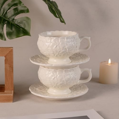 KAMMAK Tea Cups and Saucers Set of 2, 8.5 oz Porcelain Coffee Cups, 560N | Stackable Espresso Mugs, Ceramic Demitasse for Coffee, Cappuccino, Latte, Americano, Tea - size: 7KPSP560N