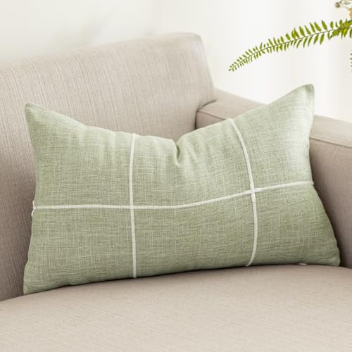 vctops Rustic Lattice Cotton Linen Decorative Throw Pillow Cover Embroidery Lumbar Cushion Cover Pillowcase for Sofa Bedroom Couch (Plaid Green, 12"x20") - color: Plaid Green, size: 12" x 20" (Pack of 1)