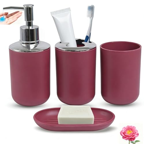 Red Bathroom Accessories Set, 4 Piece Plastic Bathroom Toothbrush Holder Set, Include Soap Dispenser, Toothbrush Holder, Rinse Cup, Soap Dish, Boho Burgundy Bathroom Decor for Home, Bathroom Set - color: Burgundy Red, size: 4 Piece