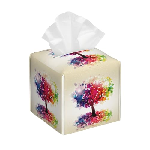 Colorful Tree with Stars Tissue Box Cover Leather Tissue Box Holder Square Facial Paper Case Organizer Dispenser for Bathroom Vanity Countertop Tabletop Car Office - color: Color4