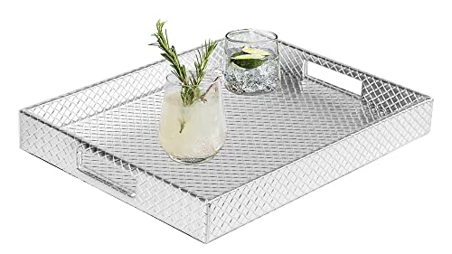 HofferRuffer Rectangle Serving Tray with Hole Handles for Coffee Table, Breakfast, Tea, Food, Butler - Countertop, Kitchen, Vanity Serve Tray, 16.2 x 12.2 x 2 inches, Faux Leather (Silver) - color: Silver