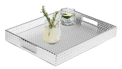 HofferRuffer Rectangle Serving Tray with Hole Handles for Coffee Table, Breakfast, Tea, Food, Butler - Countertop, Kitchen, Vanity Serve Tray, 16.2 x 12.2 x 2 inches, Faux Leather (Silver) - color: Silver