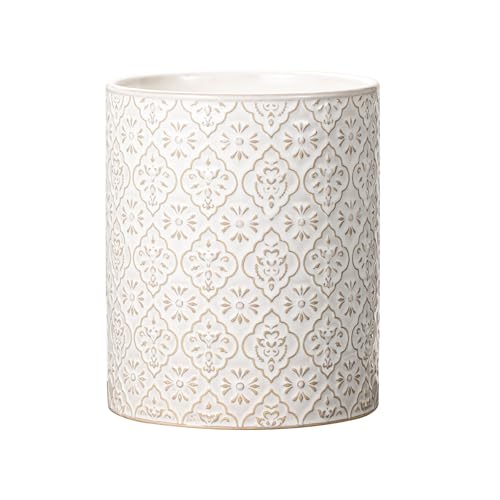 Kitchen Utensil Holder, 6x7 inch Large Ceramic Utensil Holder with Embossed Pattern, Cooking Utensil Crocks for Kitchen Countertop, Home Decor, Off-White - color: Off-White