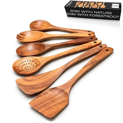 6-Piece Wooden Utensil Set – Premium Teak Wood Cooking Spoons & Spatulas, Non-Stick, Heat-Resistant, Durable & Eco-Friendly Kitchen Tools for Cooking & Serving
