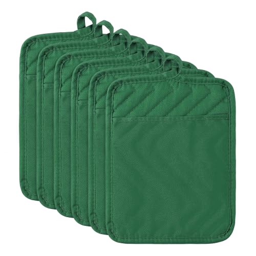 R HORSE 6 Pack Green Pot Holders for Kitchen with Pockets, 7''x 9'' | Cotton Kitchen Potholder, Heat Resistant Oven Mitts, Non-Slip Hot Pads Terry Cloth, Ideal for Cooking, Baking, Christmas Gift - color: Green