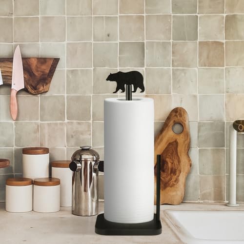 Leinuosen Cabin Bear Paper Towel Holder Farmhouse Bear Wooden Paper Towel Holder Black Bathroom Countertop Accessories Kitchen Stand Organizer Standing Apartment Decor Housewarming Gift - style: Black Bear