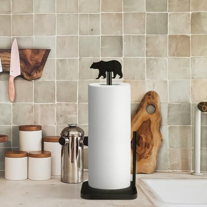 Leinuosen Cabin Bear Paper Towel Holder Farmhouse Bear Wooden Paper Towel Holder Black Bathroom Countertop Accessories Kitchen Stand Organizer Standing Apartment Decor Housewarming Gift - style: Black Bear