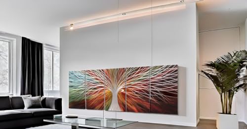 Yihui Arts Abstract Metal Wall Art - Tree Of Life Hand Crafted 5 Pieces Panels Large Big Unique 3D Aluminum Modern Contemporary Home Accent - color: A Red, size: 64"L x 32"W