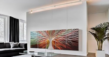 Yihui Arts Abstract Metal Wall Art - Tree Of Life Hand Crafted 5 Pieces Panels Large Big Unique 3D Aluminum Modern Contemporary Home Accent - color: A Red, size: 64"L x 32"W