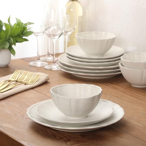 Gibson Elite Vista Rossio - Made In Portugal - 12 Piece Dinnerware Set for 4, White Ceramic Plates and Bowls Sets, Stoneware Dishware Set with Scalloped Edge, Dinner Plates Salad Plates & Cereal Bowls - color: White (Vista Rossio Dinnerware)