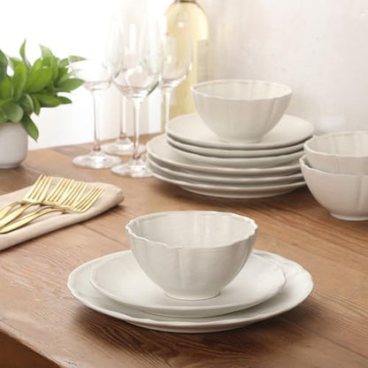 Gibson Elite Vista Rossio - Made In Portugal - 12 Piece Dinnerware Set for 4, White Ceramic Plates and Bowls Sets, Stoneware Dishware Set with Scalloped Edge, Dinner Plates Salad Plates & Cereal Bowls - color: White (Vista Rossio Dinnerware)