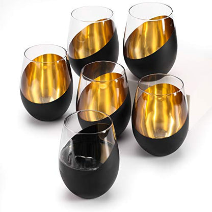 MyGift Modern Matte Black and Gold Tilted Design Stemless Wine Glasses Tumblers - 18 oz, Set of 6 - color: Black (Set of 6)