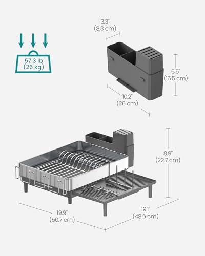 SONGMICS Large Dish Drying Rack, Expandable Dish Dryer for Kitchen Counter, Stainless Steel Dish Rack with Rotatable Spout, Utensil, Cup, Glass, Cutting Board, Pan Holders, Silver and Gray UKCS037G01 - color: Silver + Gray, size: 19.9"D x 19.1"W x 8.9"H