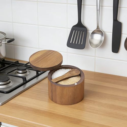 Acacia Salt Cellar with Dual Compartments, Wooden Salt Box, Kitchen Spice Keeper, with Magnetic Swivel Lids, for Salt and Pepper or Spices