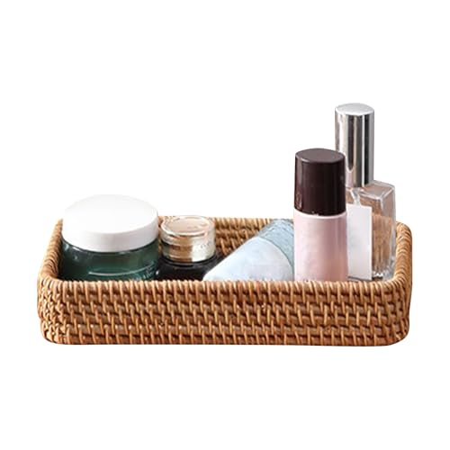 8in Rattan Bathroom Vanity Tray, Vintage Storage Basket Bin Toilet Paper Basket Small Narrow Guest Towel Napkin Holder for Bathroom Toilet Tank Vanity Countertop(Color:Brown)