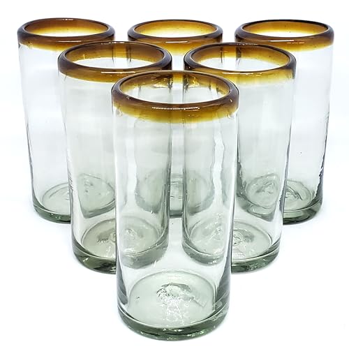 Amber Rim 20 oz Tall Iced Tea Glasses (set of 6) Mexican Handmade Glassware, Recycled Glass, Lead-free, Toxin-Free (Tall Iced Tea) - style: 20 oz Tall Iced Tea