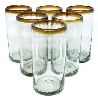 Amber Rim 20 oz Tall Iced Tea Glasses (set of 6) Mexican Handmade Glassware, Recycled Glass, Lead-free, Toxin-Free (Tall Iced Tea) - style: 20 oz Tall Iced Tea