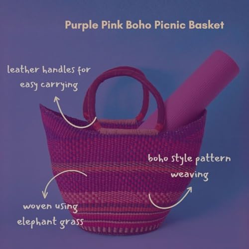 Wicker Basket Tote Bag, Purple and Pink, 16 Inch Wide - color: Pink, Purple