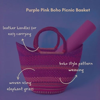 Wicker Basket Tote Bag, Purple and Pink, 16 Inch Wide - color: Pink, Purple