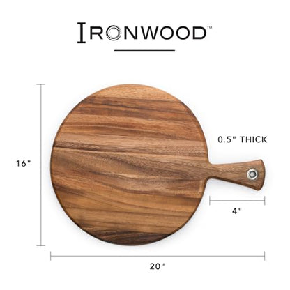 Ironwood Acacia Wood Provencale Paddleboard, 16" x 20" Round Serving Board | Extra Large Round Cutting Board With Handle | Beautiful Acacia Wood | Large Charcuterie Board | Grommet For Hanging & Drying - size: 20.3"L x 16"W
