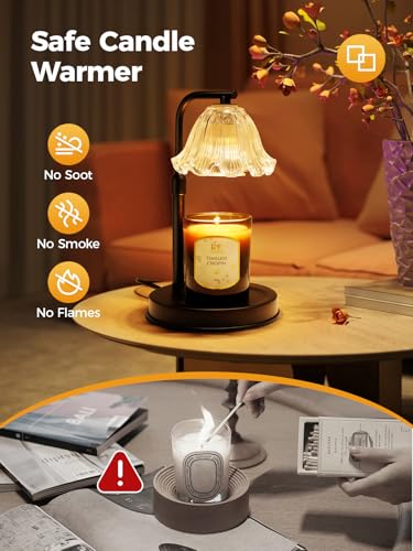 Candle Warmer Lamp with Timer - Adjustable Height for Jar Candles | Metal and glass candle warmer with 4 brightness levels, 2/4/8-hour timer, adjustable 7.08-11.1 in pole and two 50W bulbs - color: Flower Candle Warmer Lamp