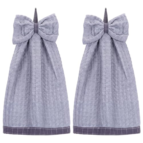 2 Pack Decorative Waffle Weave Hanging Hand Towels with Bowknot | 9x13 inch set. Ideal for kitchen, bathroom. Absorbs water fast, dries hands quickly. 3D bowknot loop. 13" x 9" Grey - color: Grey