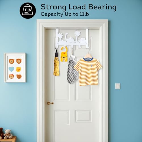 Lily's Home Dino Design Over the Door Hooks - White Behind Door Hanger with 5 Hooks for Clothes & Towels - Easy Install Coat Rack Load 11 Lb. - 14.96" Wide - Ideal for Kids' Rooms & Bathrooms